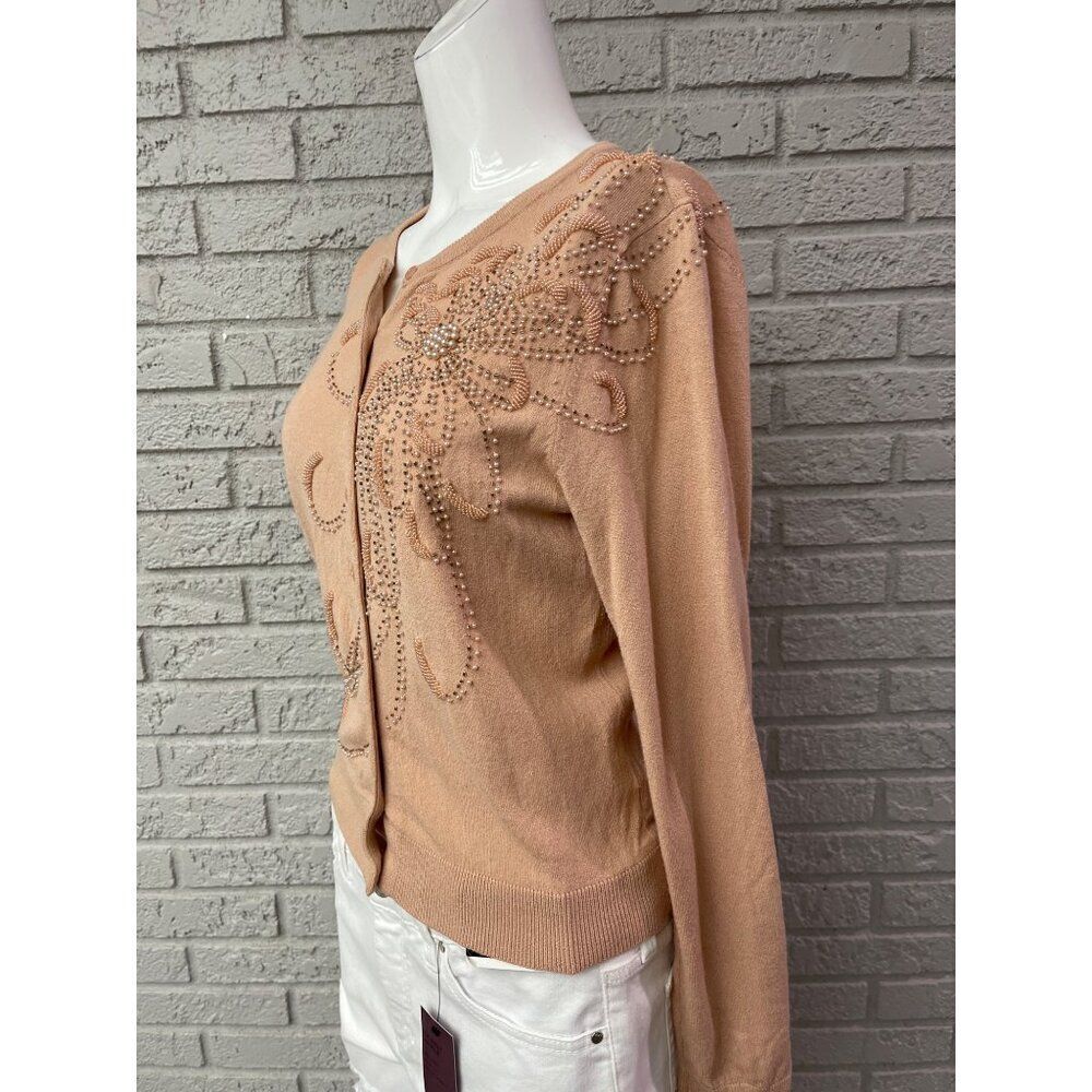 Anne Klein Women Nude Long Sleeve Faux Pearl Beaded Sweater Size PL - Picture 4 of 10